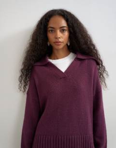 Knitted curved hem collared polo jumper with wool in mulberry