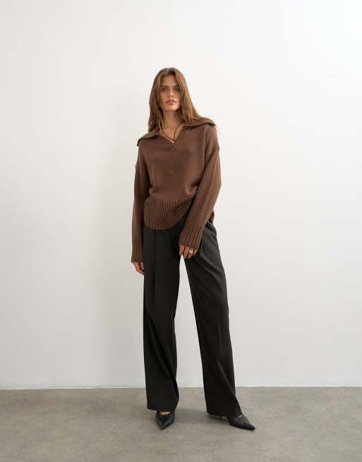 Topshop knitted curved hem collared polo jumper with wool in pecan, 2 of 4