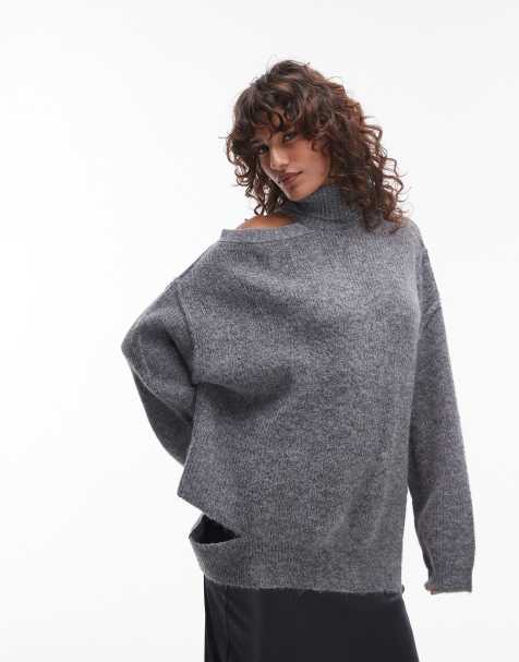Topshop knitted cut-out asymmetric funnel oversized jumper in grey