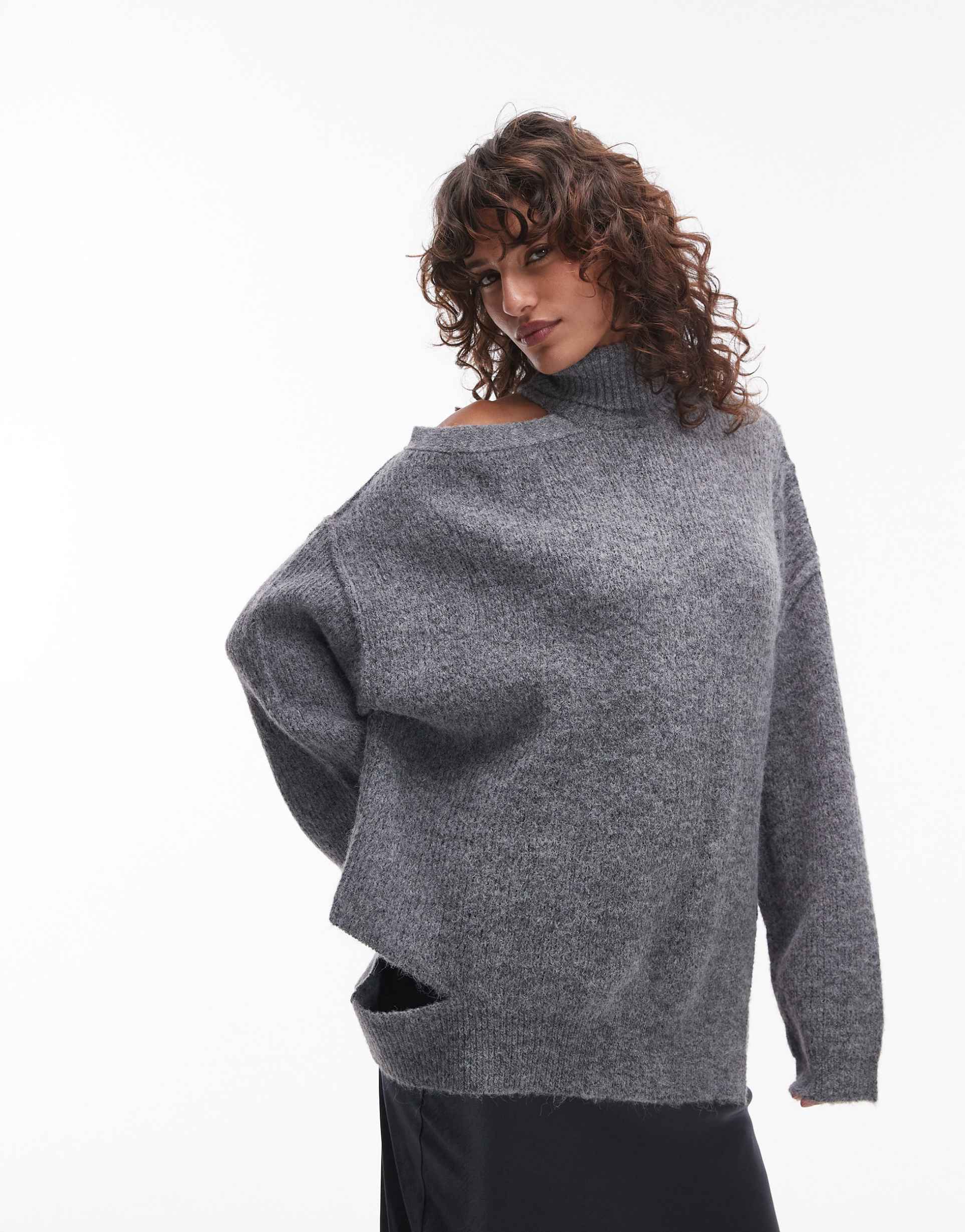 topshop knitted cut-out asymmetric funnel oversized sweater in gray