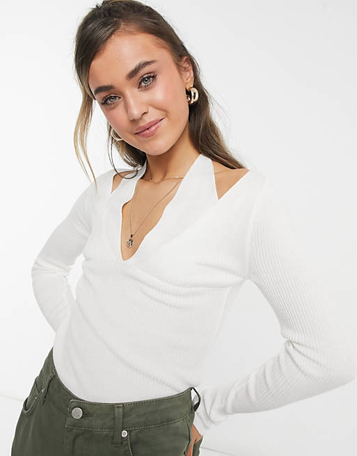 Topshop knitted cut out detail top in white