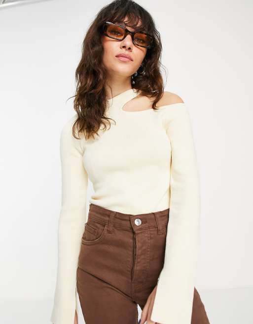 Topshop knitted cut out shoulder detail top in buttermilk ASOS