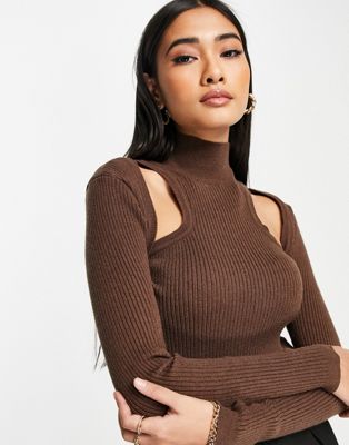 Topshop knitted cutout long sleeve top in chocolate