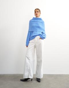 Knitted deep fold bardot jumper in blue