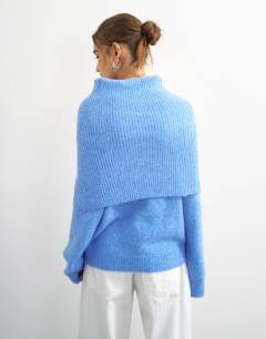 Model wearing Knitted deep fold bardot jumper in blue