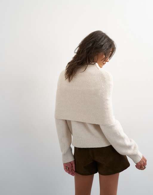 Topshop knitted deep fold bardot jumper in ivory, 3 of 4