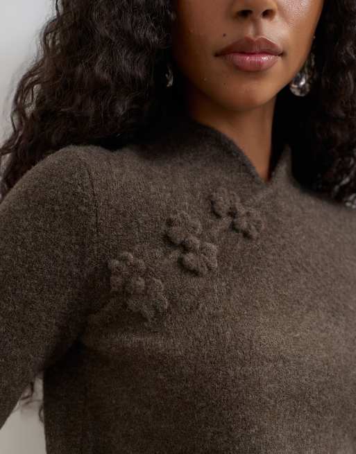 Topshop knitted deep rib mandarin collar long sleeve top with wool in charcoal, 2 of 4