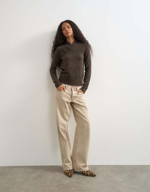 Topshop knitted deep rib mandarin collar long sleeve top with wool in charcoal, 3 of 4