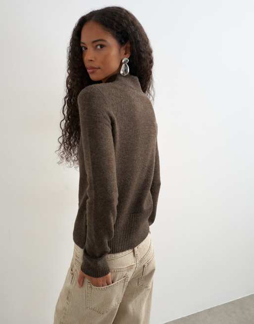 Topshop knitted deep rib mandarin collar long sleeve top with wool in charcoal, 4 of 4