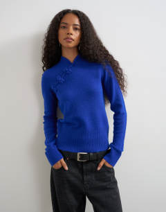 Knitted deep rib mandarin collar long sleeve top with wool in cobalt blue