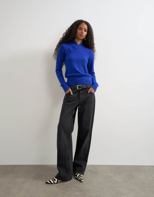 Topshop knitted deep rib mandarin collar long sleeve top with wool in cobalt blue, 2 of 8