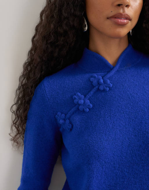Topshop knitted deep rib mandarin collar long sleeve top with wool in cobalt blue, 3 of 8