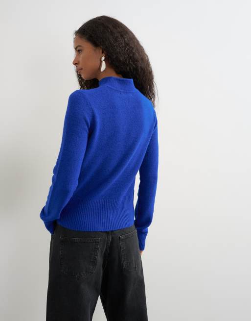 Topshop knitted deep rib mandarin collar long sleeve top with wool in cobalt blue, 4 of 8