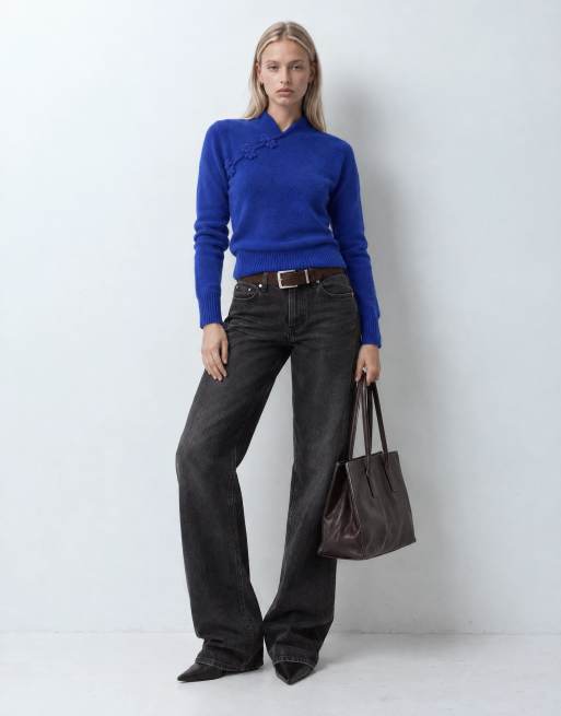 Topshop knitted deep rib mandarin collar long sleeve top with wool in cobalt blue, 5 of 8