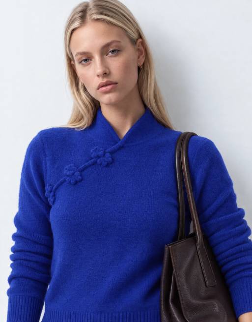 Topshop knitted deep rib mandarin collar long sleeve top with wool in cobalt blue, 6 of 8