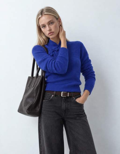 Topshop knitted deep rib mandarin collar long sleeve top with wool in cobalt blue, 7 of 8