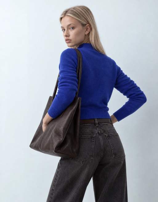 Topshop knitted deep rib mandarin collar long sleeve top with wool in cobalt blue, 8 of 8