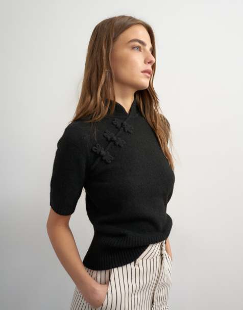 Topshop knitted deep rib mandarin collar short sleeve top with wool in black - view 1