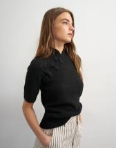 Topshop knitted deep rib mandarin collar short sleeve top with wool in black