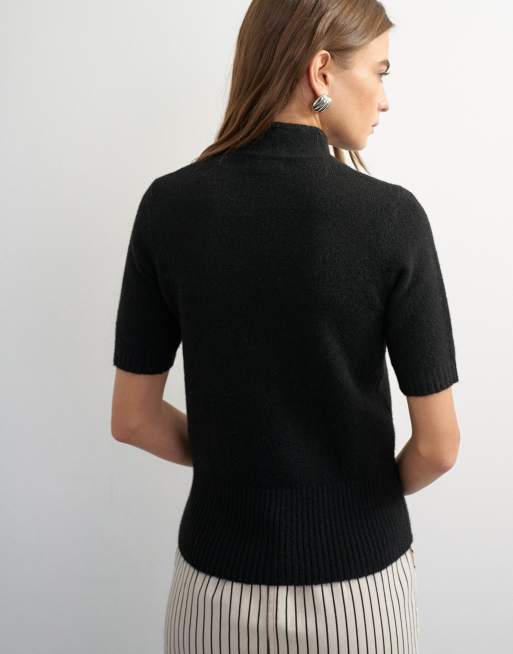 Topshop knitted deep rib mandarin collar short sleeve top with wool in black, 3 of 4