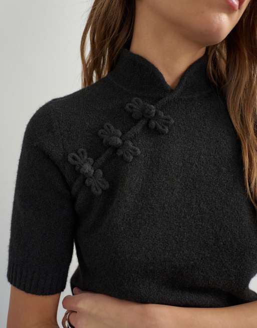 Topshop knitted deep rib mandarin collar short sleeve top with wool in black, 4 of 4