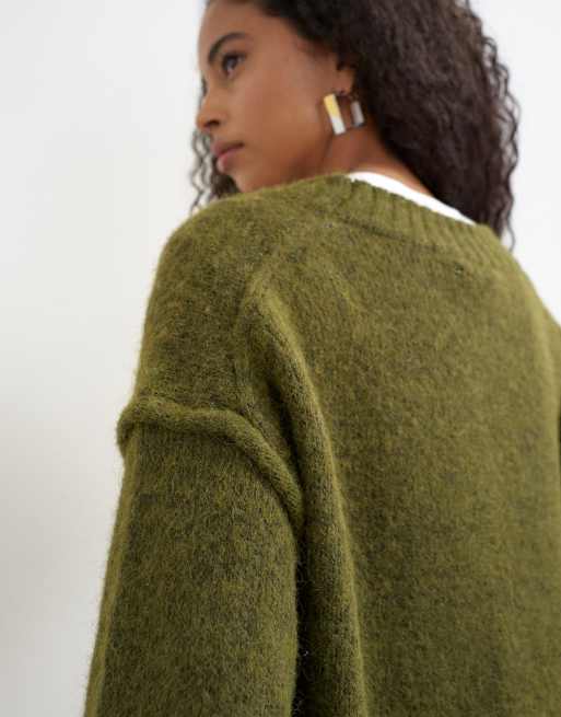 Topshop knitted deep v neck jumper with wool in moss, 2 of 4