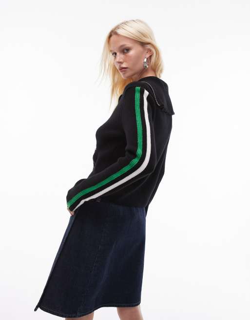 Topshop knitted diagonal zip cardi in black and green