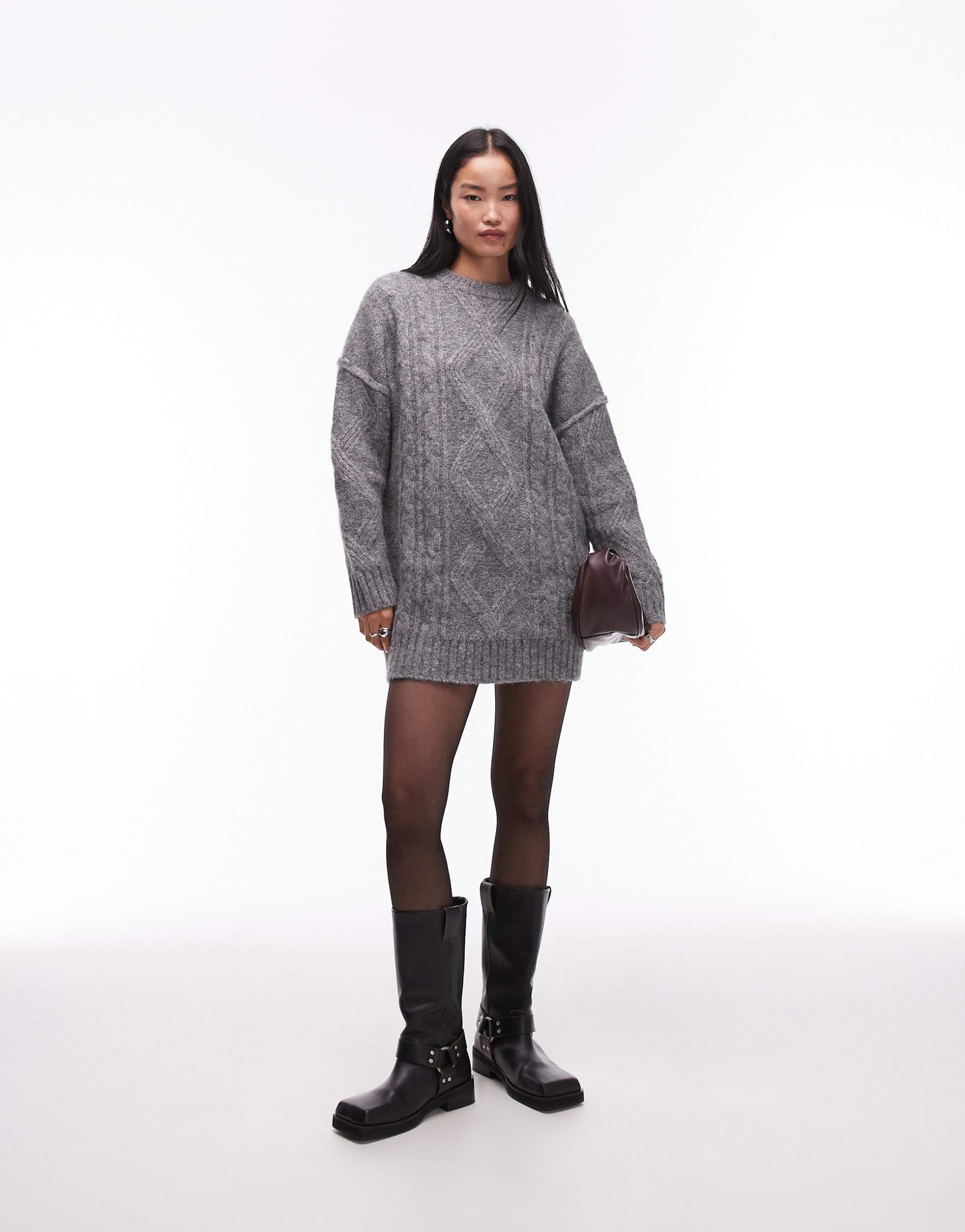 topshop knitted diamond cable oversized mini dress in gray