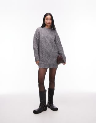 Topshop knitted diamond cable oversized mini dress in grey-Red