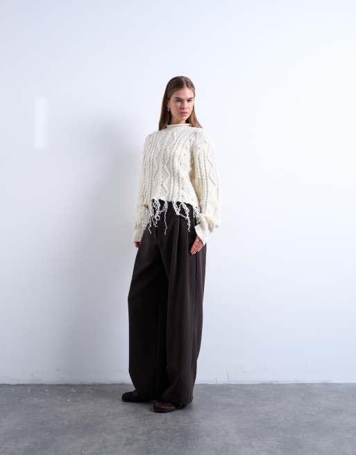 Topshop knitted distressed cable jumper in ivory, 2 of 4