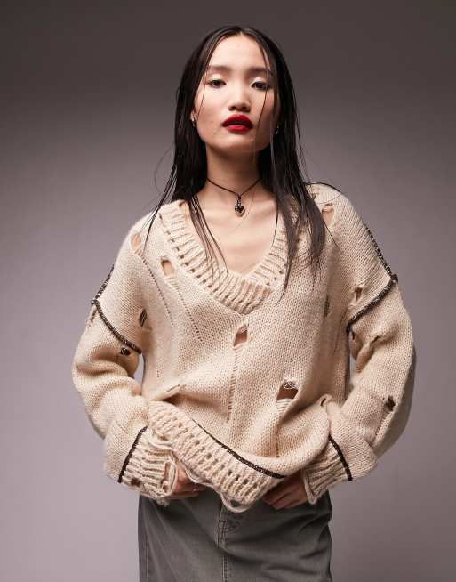 Topshop knitted distressed sweater in cream