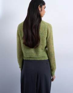 Model wearing Knitted double layer cardigan in green
