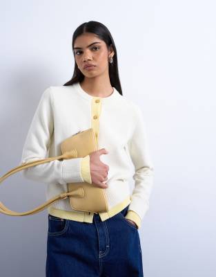 Topshop Knitted Double Layer Cardigan In Ivory And Yellow-white