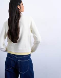Model wearing Knitted double layer cardigan in ivory and yellow