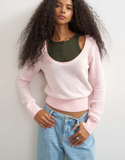 Topshop knitted double layer henley vest jumper in khaki and pink - view 1