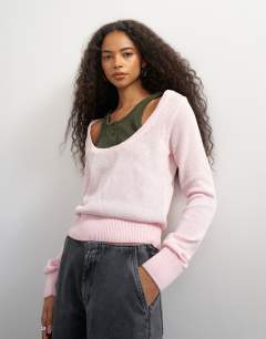 Knitted double layer henley vest jumper in khaki and pink