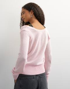 Model wearing Knitted double layer henley vest jumper in khaki and pink
