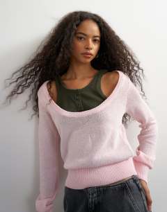 Model wearing Knitted double layer henley vest jumper in khaki and pink
