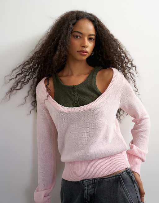 Topshop knitted double layer henley vest jumper in khaki and pink, 3 of 4