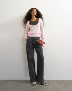 Model wearing Knitted double layer henley vest jumper in khaki and pink