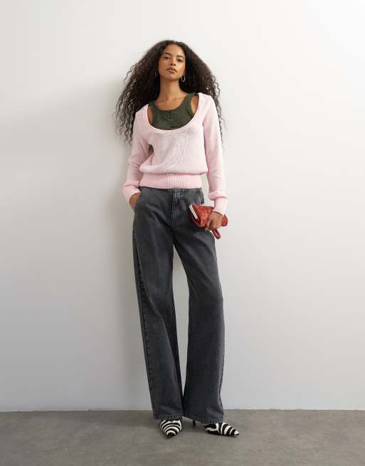 Topshop knitted double layer henley vest jumper in khaki and pink, 4 of 4
