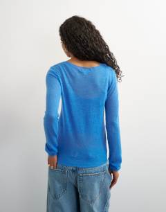 Model wearing Knitted double layer sheer top with wool in blue