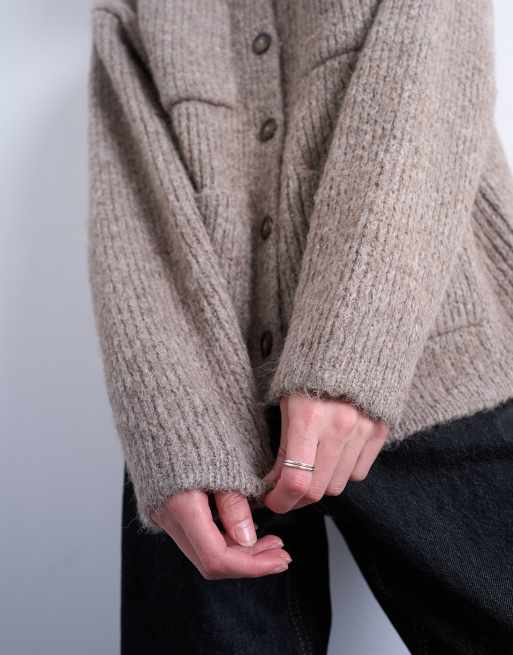 Topshop knitted double pocket jacket in oat, 3 of 4