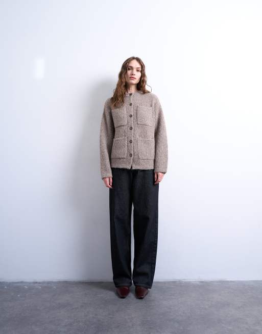 Topshop knitted double pocket jacket in oat, 4 of 4