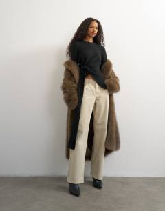 Knitted drape hem jumper with wool in black 