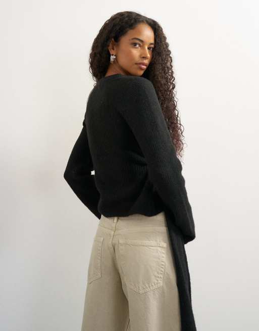 Topshop knitted drape hem jumper with wool in black , 4 of 4