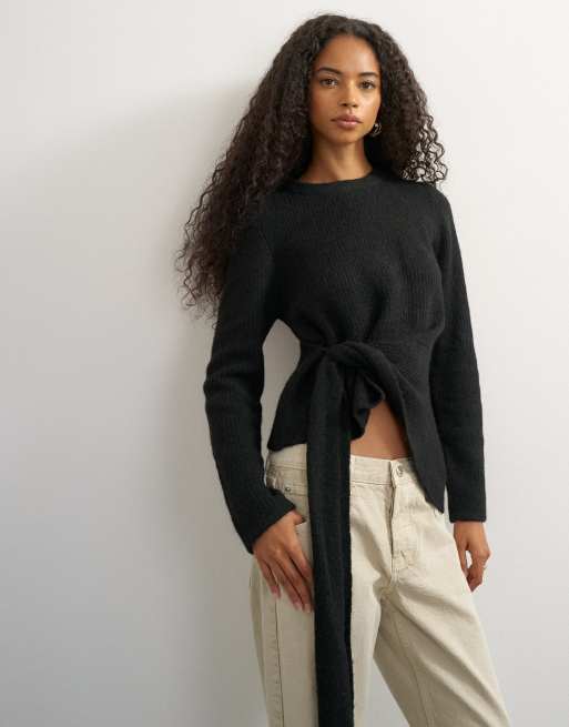 Topshop knitted drape hem sweater with wool in black, 2 of 4