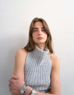 Knitted drape neck low back top in grey