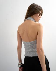 Model wearing Knitted drape neck low back top in grey