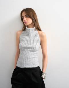 Model wearing Knitted drape neck low back top in grey